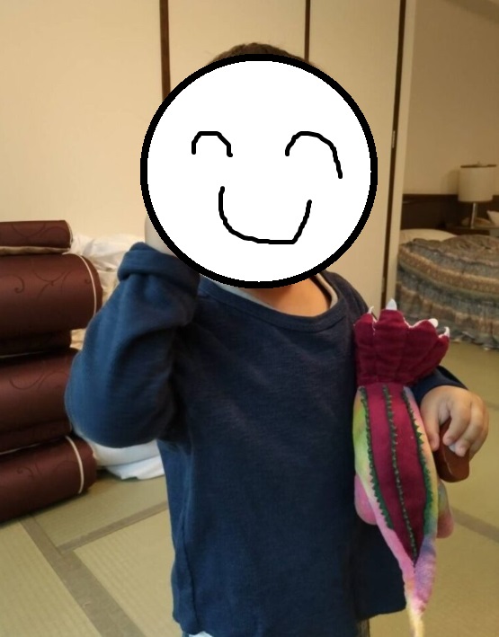 ホテルの部屋でピースする子ども